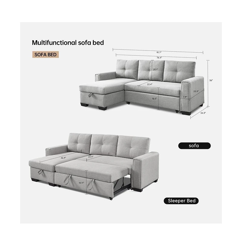 Os Home and Office Furniture Tufted Sectional Chaise Sofa Sleeper with Storage in Light Grey