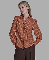 Bcbg Women's Plaid Button Placket V-Neck Top