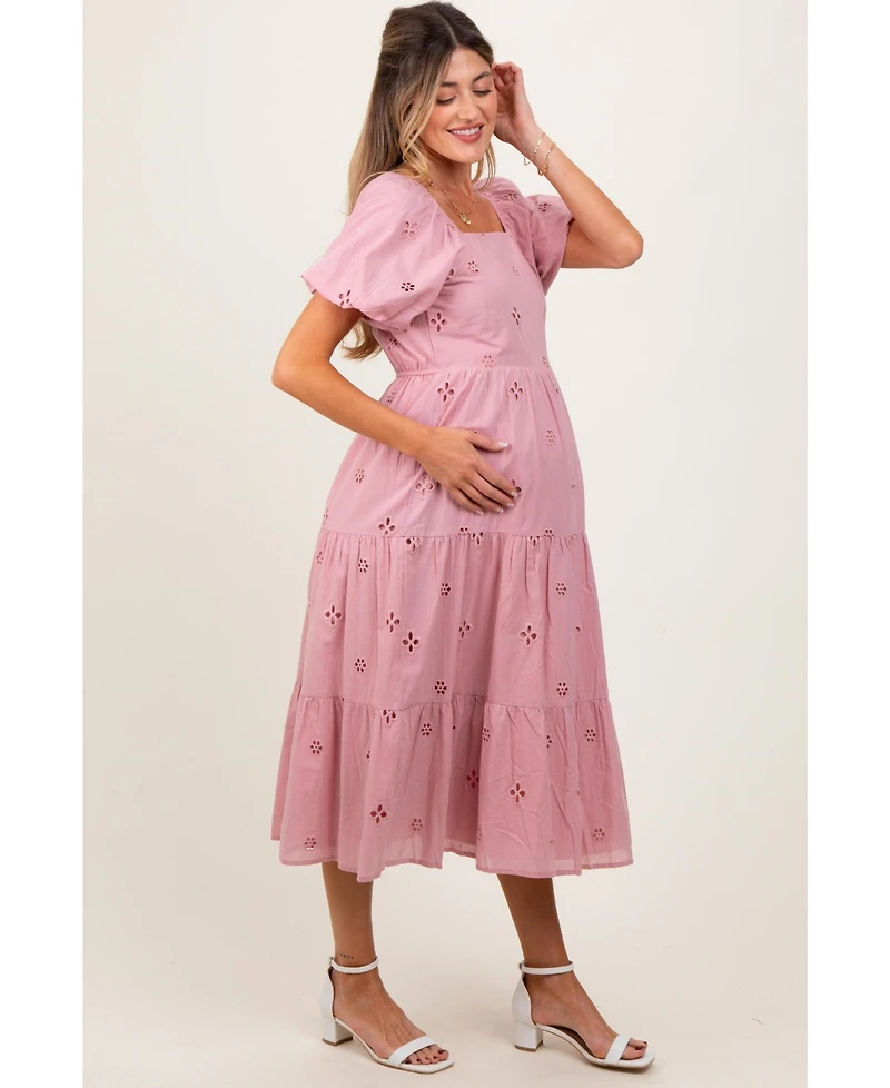Pinkblush Maternity Pink Eyelet Square Neck Midi Dress