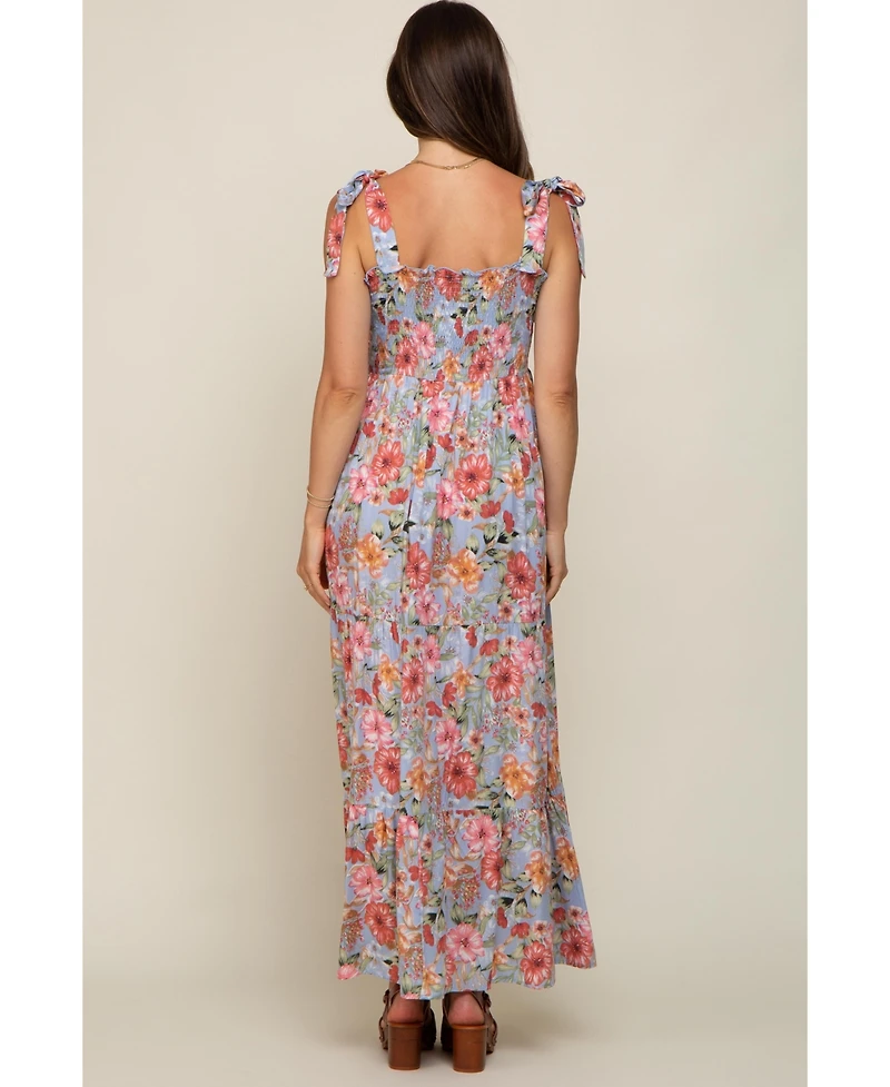 Pinkblush Maternity Light Blue Floral Smocked Shoulder Tie Tiered Maxi Dress