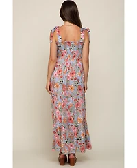 Pinkblush Maternity Light Blue Floral Smocked Shoulder Tie Tiered Maxi Dress