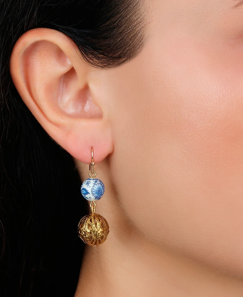 2028 Gold Tone Blue Willow Bead Drop Earrings