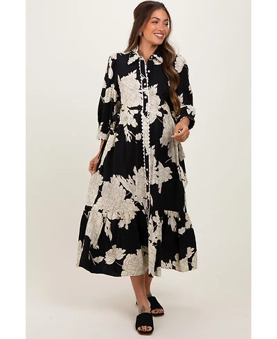 Pinkblush Maternity Black Floral Print Cinched Tie Waist Shirt Dress
