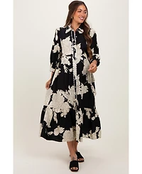 Pinkblush Maternity Black Floral Print Cinched Tie Waist Shirt Dress
