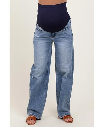 Pinkblush Maternity Blue Distressed Vintage Wash Wide Leg Jeans