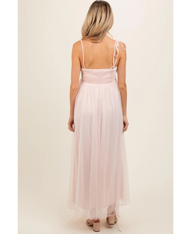 Pinkblush Maternity Light Pink Square Neck Shoulder Tie Tulle Maxi Dress