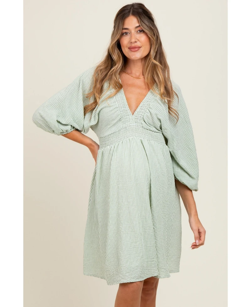 Pinkblush Maternity Sage Striped Balloon Sleeve V-Neck Dress