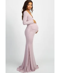 Pinkblush Maternity Pink Metallic Off Shoulder Long Sleeve Wrap Photoshoot Gown/Dress