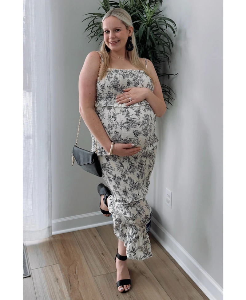 Pinkblush Maternity Cream Floral Smocked Fitted Midi Dress