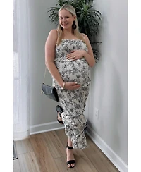 Pinkblush Maternity Cream Floral Smocked Fitted Midi Dress