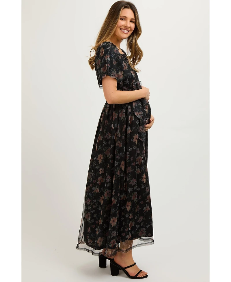 Pinkblush Maternity Black Floral Waist Tie Midi Dress