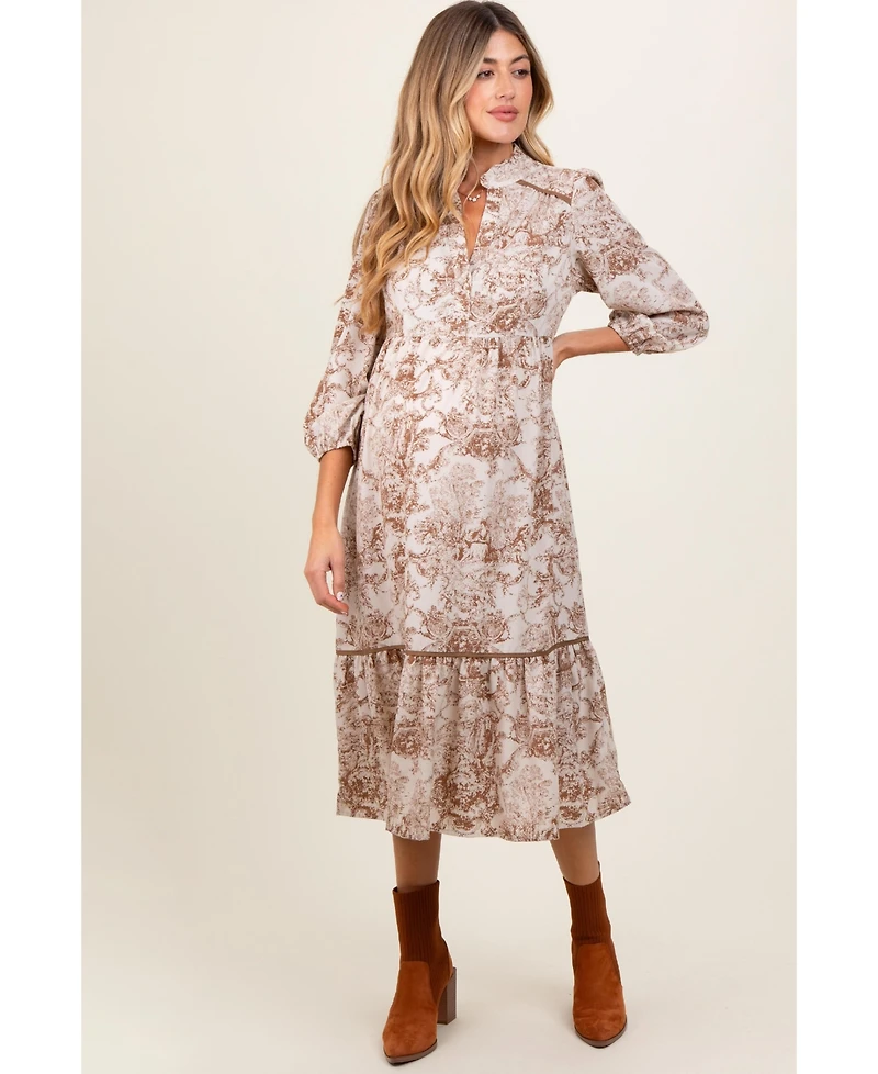 Pinkblush Maternity Brown Printed Split Ruffle Collar Midi Dress