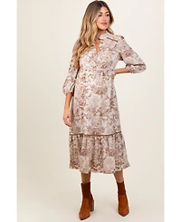Pinkblush Maternity Brown Printed Split Ruffle Collar Midi Dress