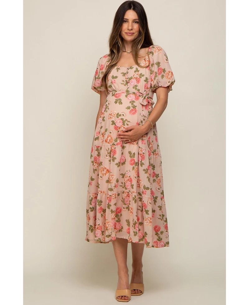 Pinkblush Maternity Pink Floral Button Puff Sleeve Midi Dress