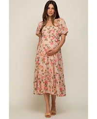 Pinkblush Maternity Pink Floral Button Puff Sleeve Midi Dress