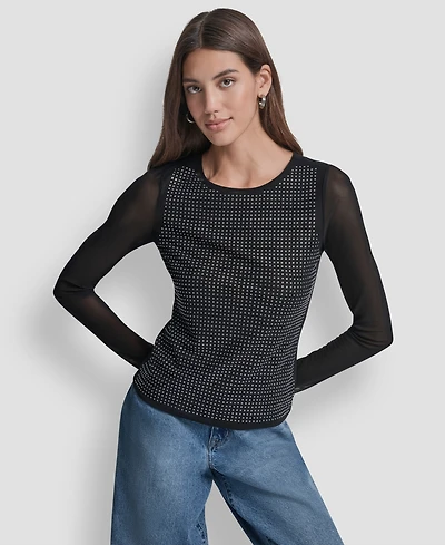 Dkny Jeans Women's Dome Studs Mesh Long Sleeves Slim Fit Top