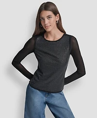 Dkny Jeans Women's Dome Studs Mesh Long Sleeves Slim Fit Top
