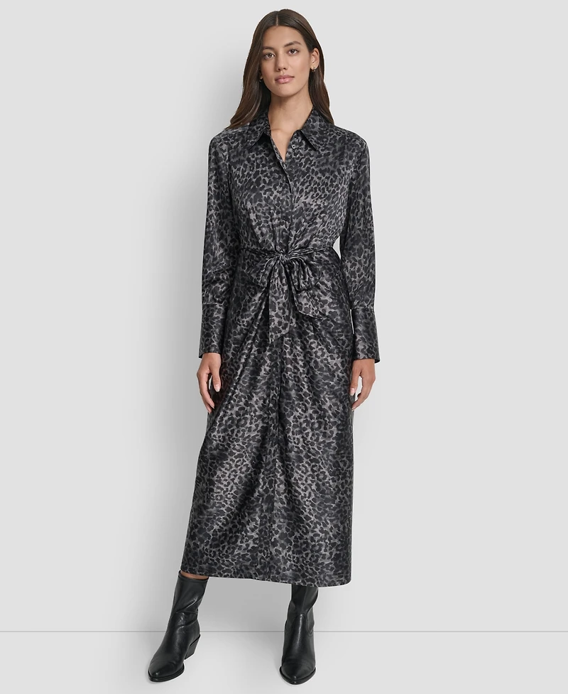 Dkny Jeans Women's Print Long Sleeves Satin Tie Dress