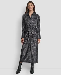 Dkny Jeans Women's Print Long Sleeves Satin Tie Dress