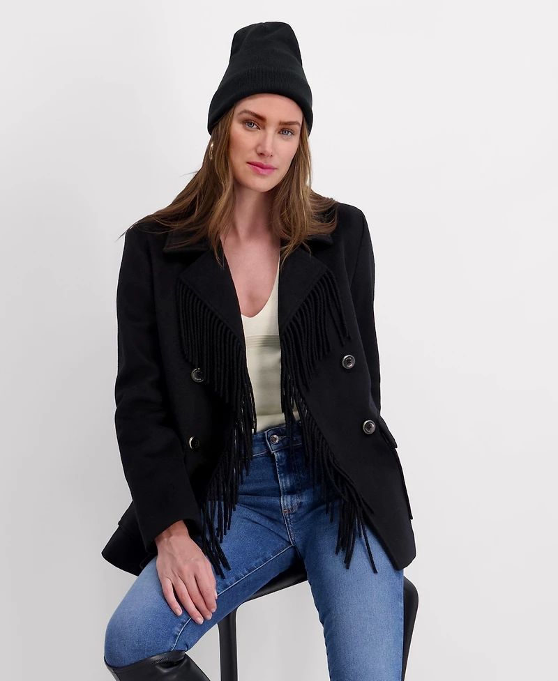Kensie Double Breasted Patch Pocket Faux Wool Jacket with Fringe