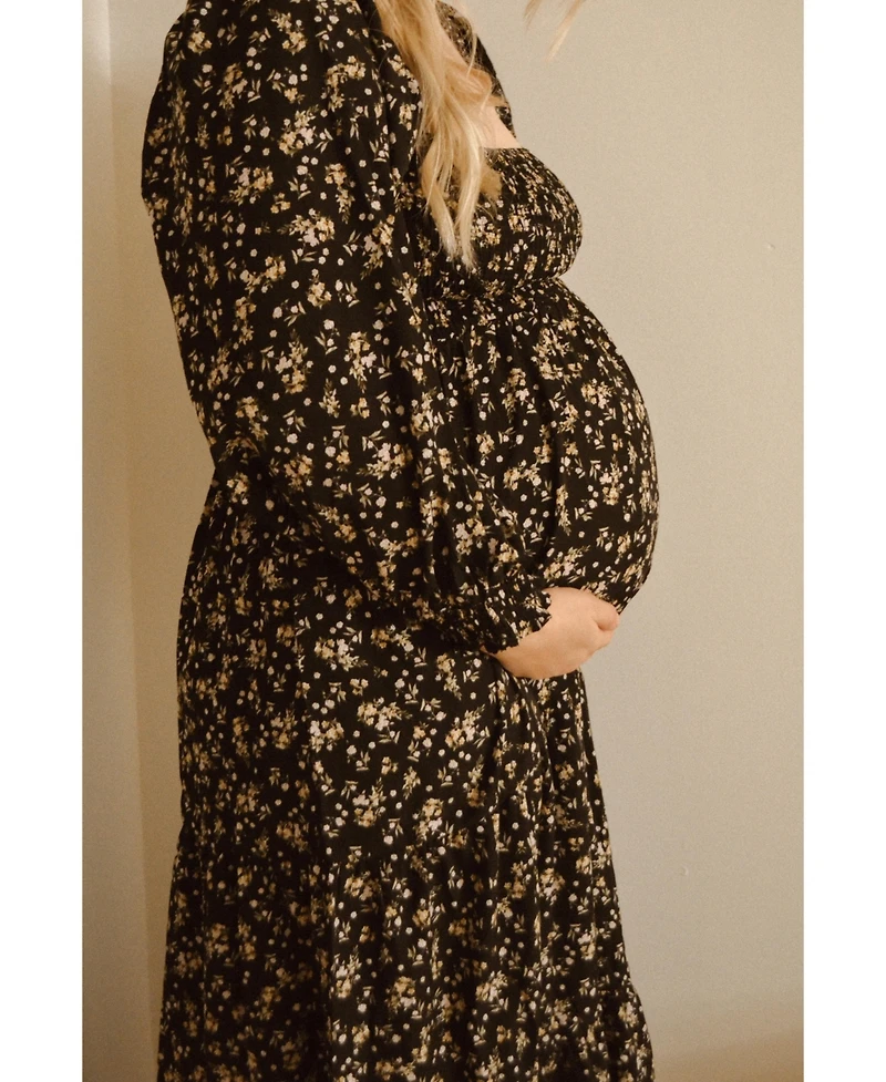Pinkblush Maternity Cream Floral Smocked Long Sleeve Maxi Dress