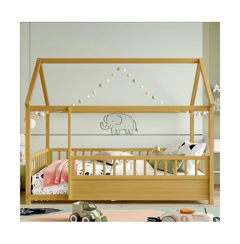 Cesicia Kids Wooden House Floor Bed with Roof & Fence Guardrails Twin Low Profile Play for Boys and Girls