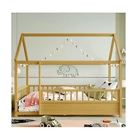 Cesicia Kids Wooden House Floor Bed with Roof & Fence Guardrails Twin Low Profile Play for Boys and Girls