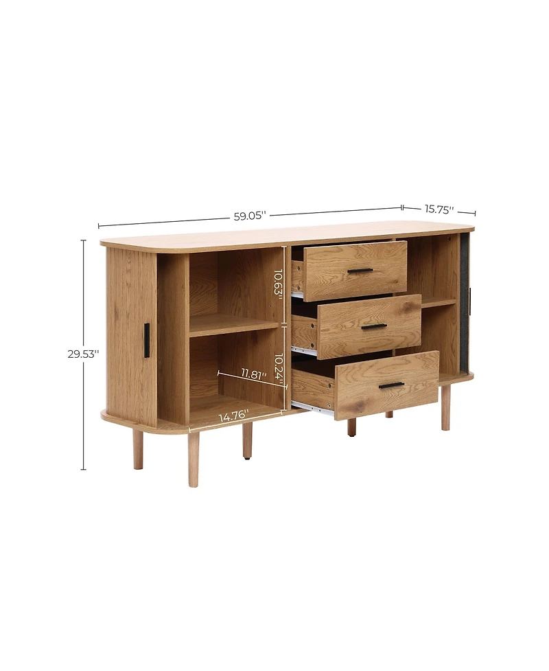 LuxenHome Oak Finish Mdf Wood 3-Drawer Sideboard Cabinet with Sliding Doors & Rounded Corners