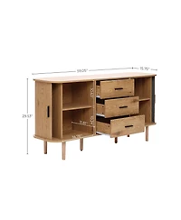 LuxenHome Oak Finish Mdf Wood 3-Drawer Sideboard Cabinet with Sliding Doors & Rounded Corners
