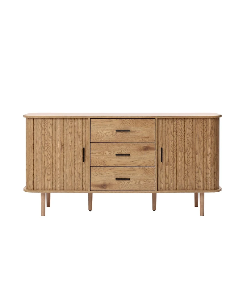 LuxenHome Oak Finish Mdf Wood 3-Drawer Sideboard Cabinet with Sliding Doors & Rounded Corners