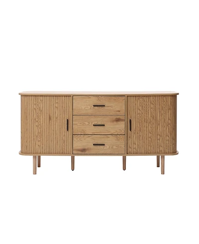 LuxenHome Oak Finish Mdf Wood 3-Drawer Sideboard Cabinet with Sliding Doors & Rounded Corners