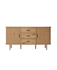 LuxenHome Oak Finish Mdf Wood 3-Drawer Sideboard Cabinet with Sliding Doors & Rounded Corners