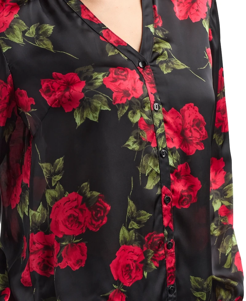 Bcx Women's Floral Print Long Sleeves Collared Shirt