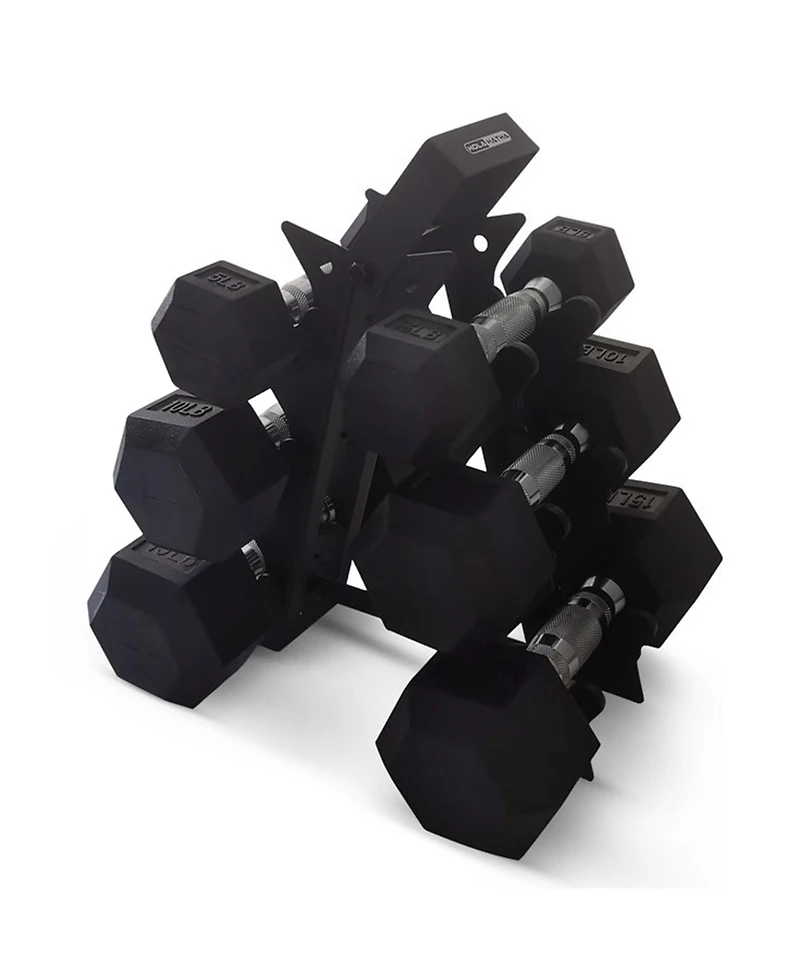 HolaHatha Hexagonal Dumbbell Free Hand Weight Set w/Rack, 5, 10, & 15 Lbs, Black