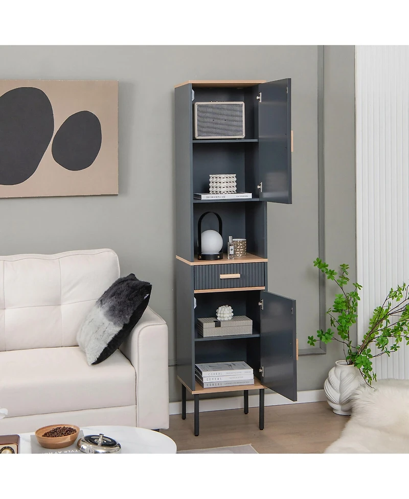 Gymax Tall Bathroom Storage Cabinet Freestanding Narrow Linen Tower w/ Doors & Drawer