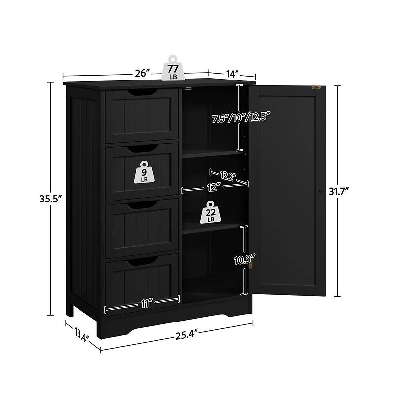 35.5" H Free-Standing Floor Cabinet with 4 Drawers and 1 Cupboard Black