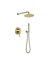 Rainsken Wall Mounted Shower Faucet Set for Bathroom with High Pressure 10" Stainless Steel Rain Shower head Handheld Shower Set, Brushed Gold