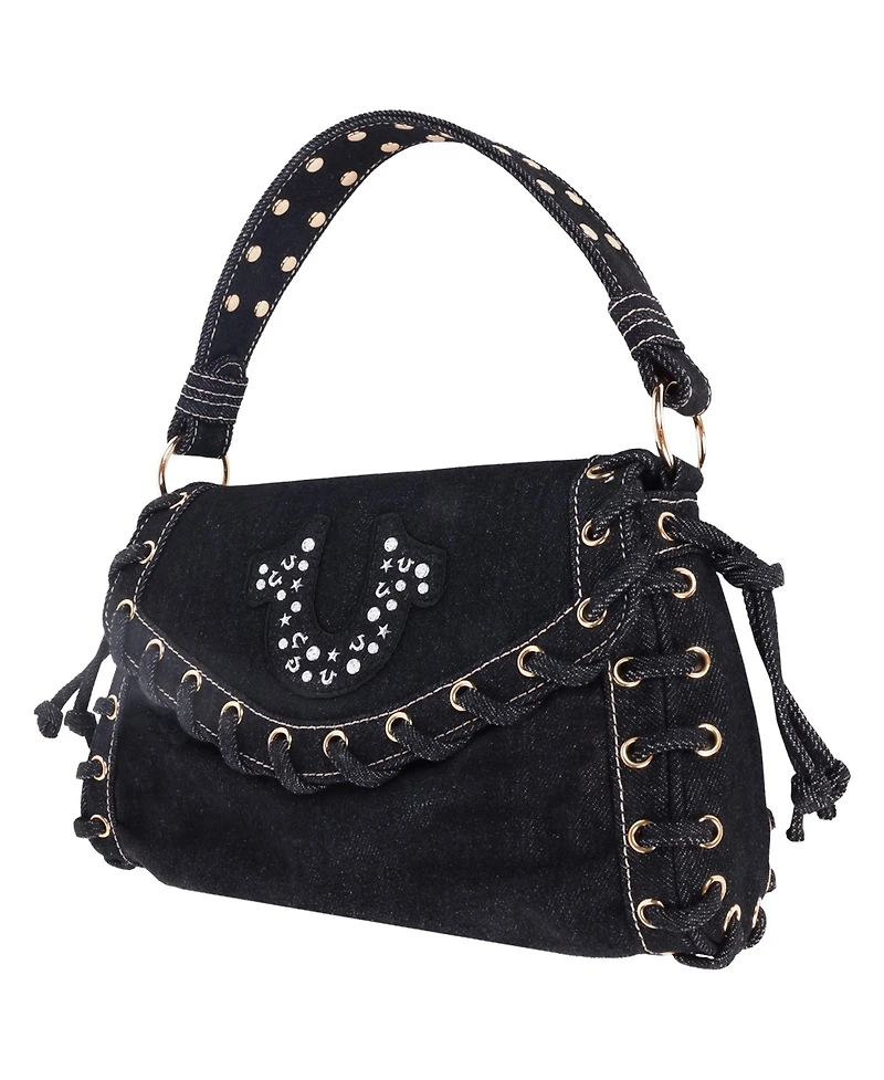True Religion Studded Horseshoe Eyelet Denim Flap Bag