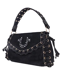True Religion Studded Horseshoe Eyelet Denim Flap Bag