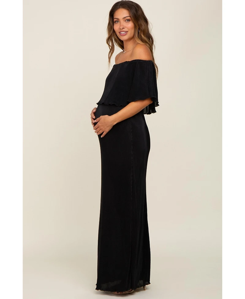 Pinkblush Maternity Burgundy Pleated Ruffle Off Shoulder Maxi Dress