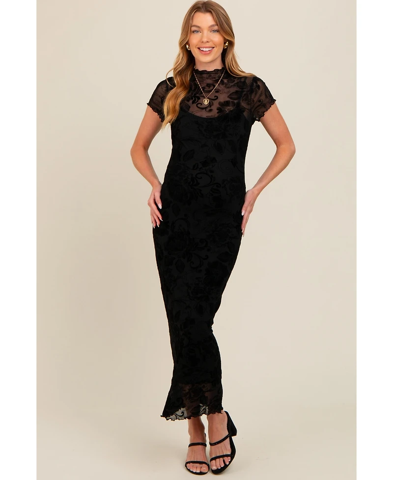 Pinkblush Black Floral Mesh Overlay Fitted Maternity Maxi Dress