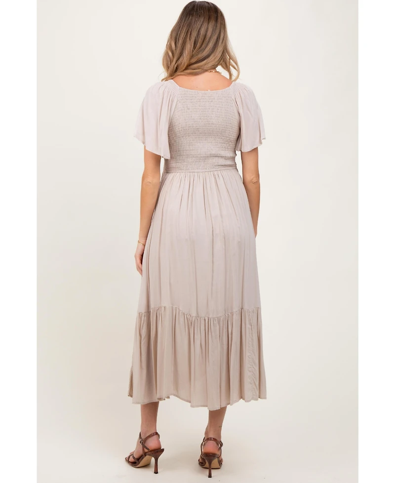 Pinkblush Cream Smocked Flutter Sleeve Midi Dress