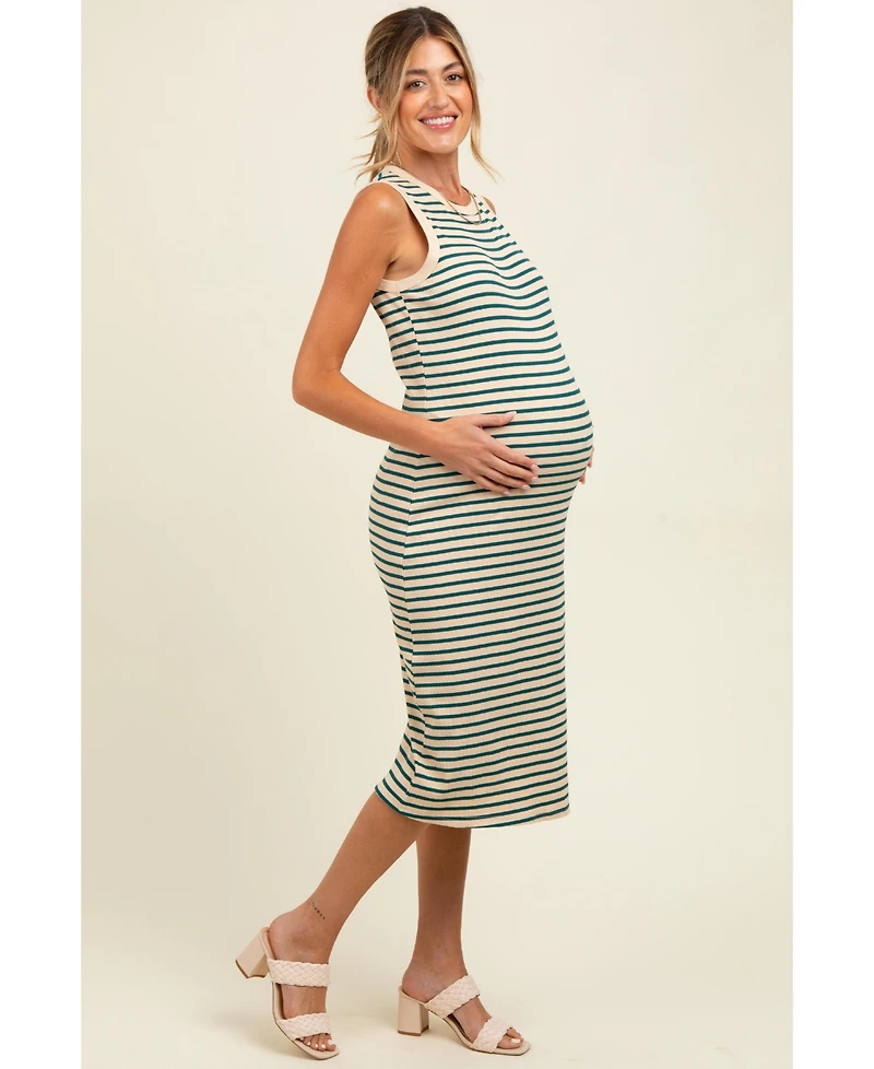 Pinkblush Maternity Deep Teal Striped Ribbed Knit Sleeveless Midi Dress
