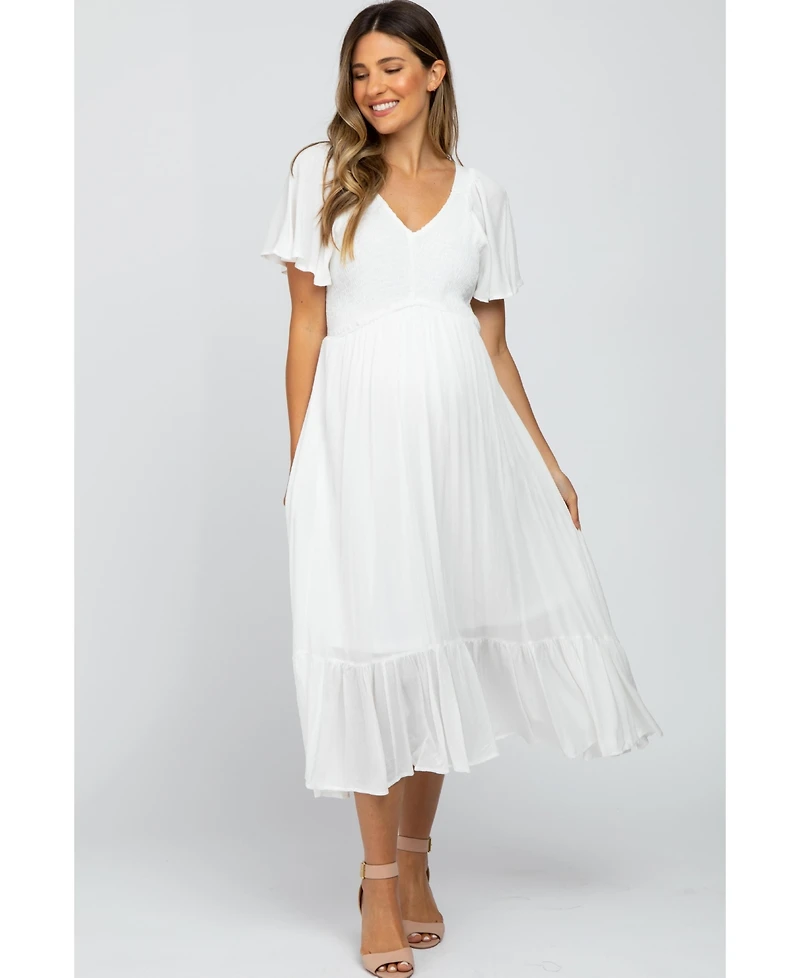 Pinkblush Maternity Ivory Smocked V-Neck Midi Dress