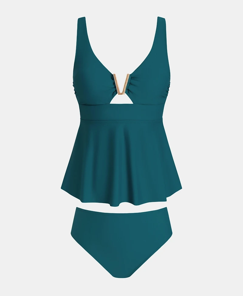 Cupshe Women's V Wire Ruched Tummy Flowy Hem Tankini Sets