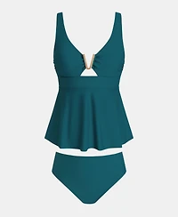 Cupshe Women's V Wire Ruched Tummy Flowy Hem Tankini Sets