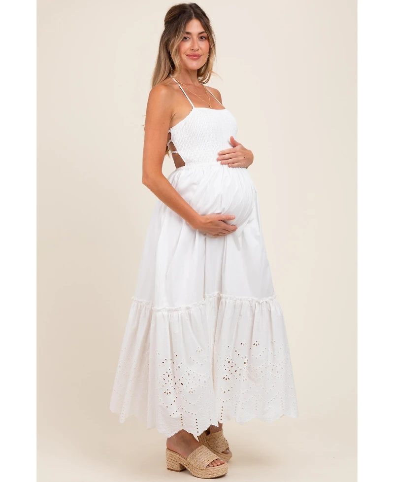 Pinkblush Maternity White Smocked Open Back Lace Hem Maxi Dress