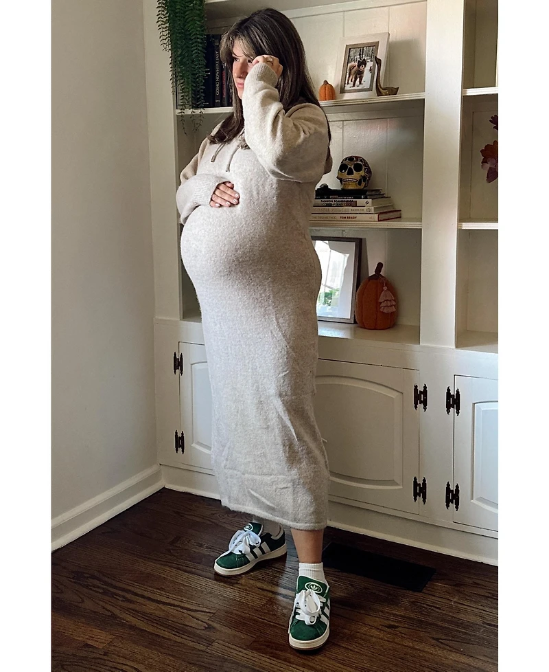 Pinkblush Maternity Beige Hooded Sweater Midi Dress