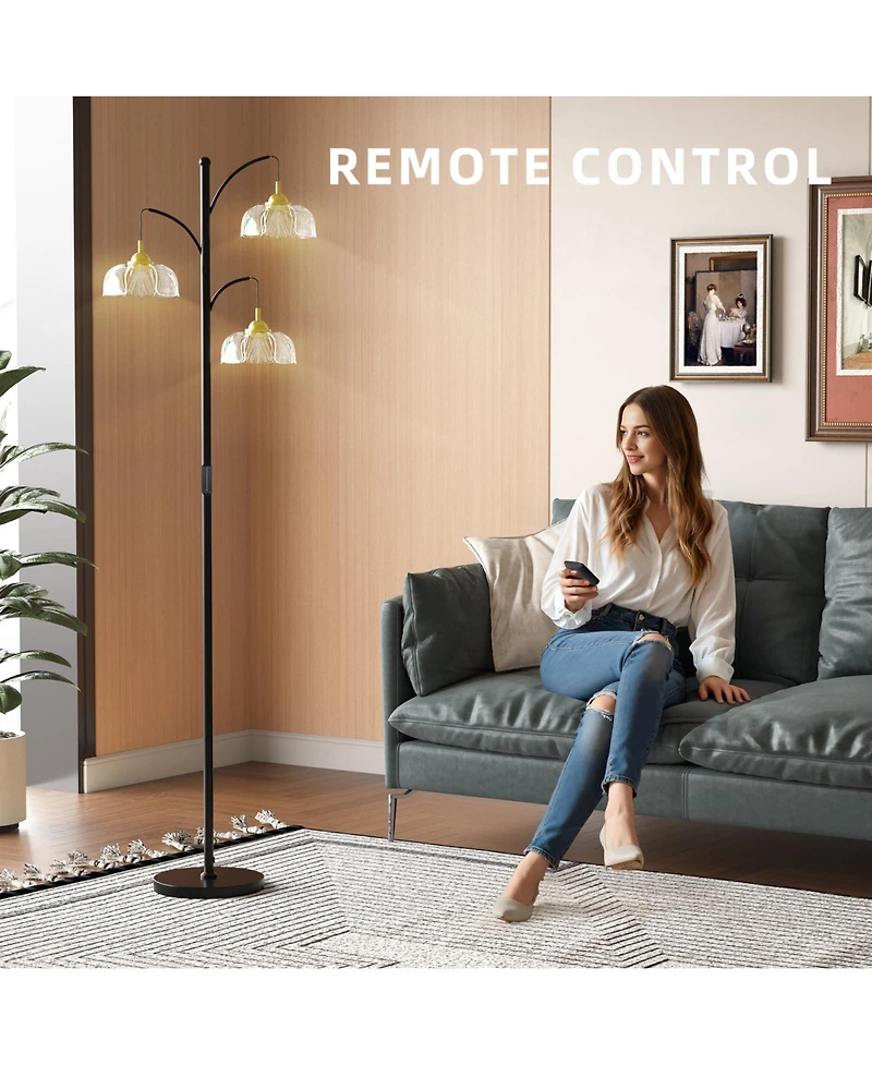 Modern Standing Floor Lamp with Led Bulbs, 3 Adjustable Heads and Petal Glass Shades