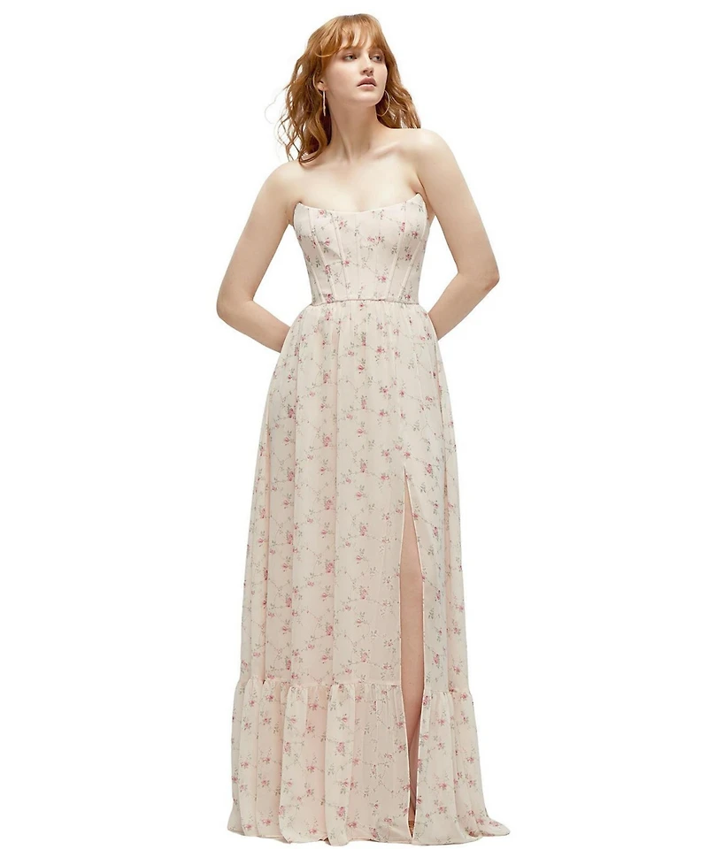 Dessy Collection Strapless Cat-Eye Corset Maxi Dress with Ruffle Hem A-Line Skirt
